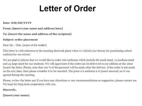 2+ Letter of Order Samples | Free Printable Word & PDF