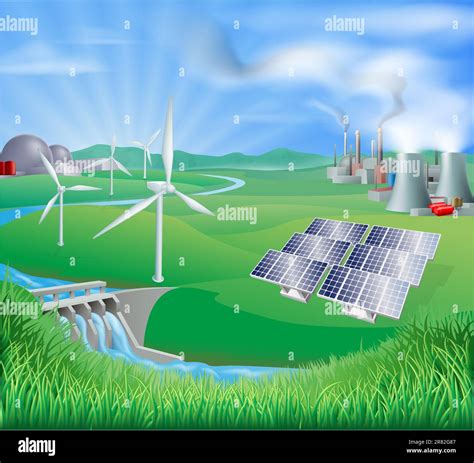 Illustration of many different types of power generation, including ...