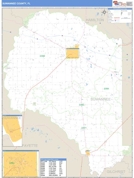 Suwannee County, Florida Zip Code Wall Map | Maps.com.com