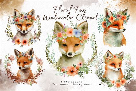 Cute Floral Fox Watercolor Collection Graphic by Dhananach · Creative Fabrica