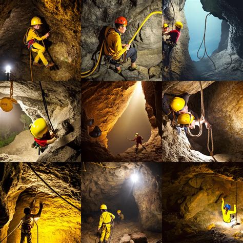 explorers climbing in cave, yellow safety hat, ropes, | Stable ...