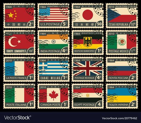 Vector set of postage stamps on the travel theme with flags of different countries. Download a ...