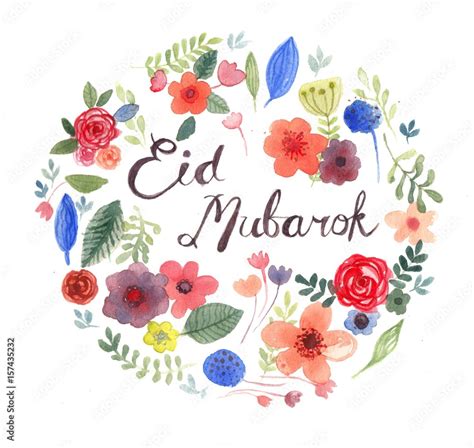 Watercolor Eid Mubarak Greeting. Circle Shaped Floral Style Greeting ...