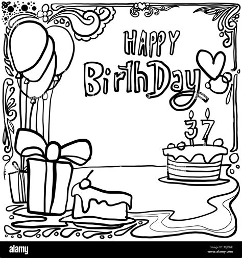 Doodle and Ornament drawing about happy birthday concept in black and white line art Stock ...