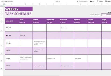 Weekly Task List Template for Excel Online