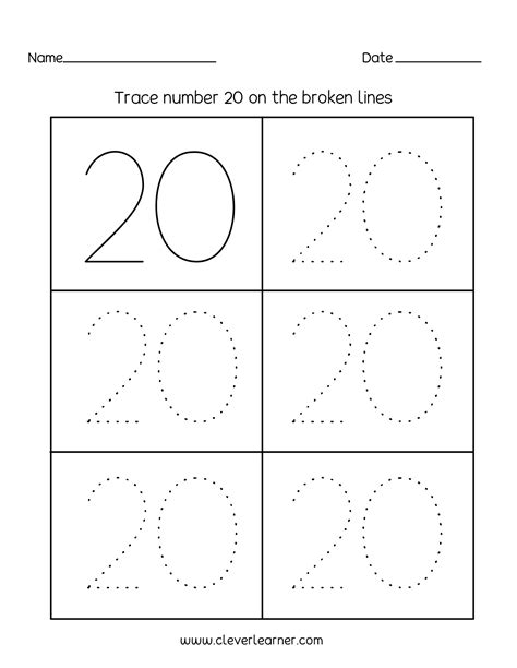 Number 20 writing, counting and identification printable worksheets for children