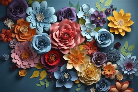 3d floral craft wallpaper. orange, rose, green and yellow flowers in ...