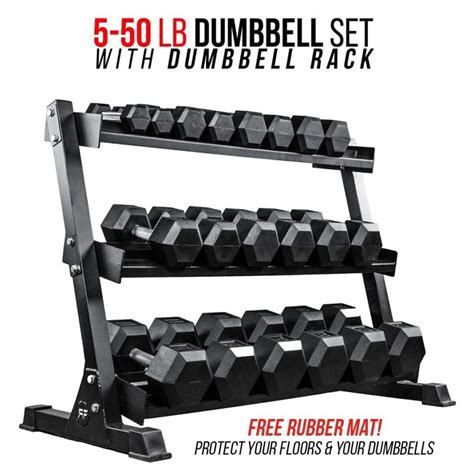 Rep Rubber Hex Dumbbell Set with Racks, 5-50 Dumbbell Set with 1 Rack ...