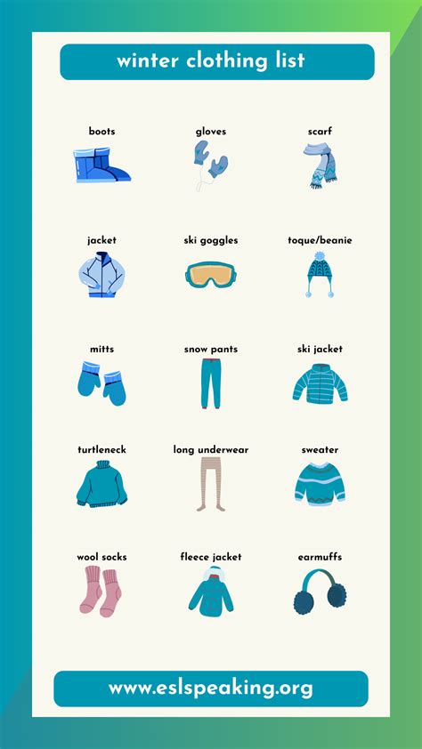 Winter Season Clothes List (Names with Pictures in English) - ESL Speaking