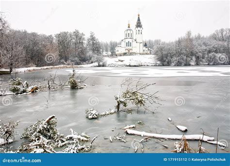 Beautiful White Church Near the Lake in Winter Stock Photo - Image of ...