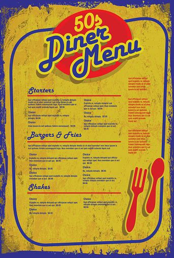Late Night Retro 50s Diner Menu Layout Blue Yellow Aged Stock Illustration - Download Image Now ...