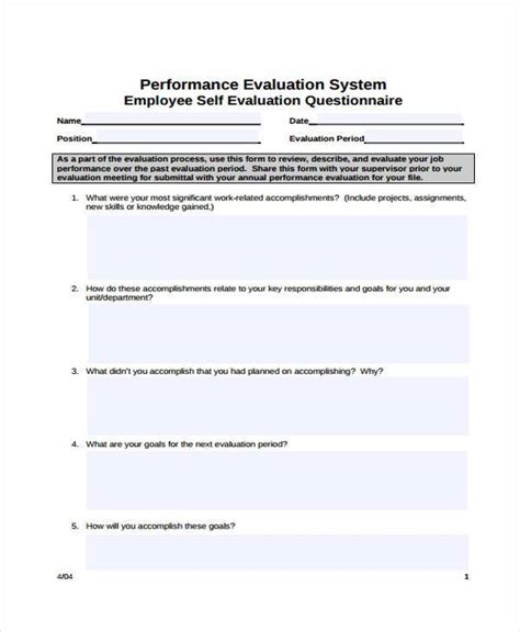 FREE 12+ Employee Self-Evaluation Form Samples, PDF, MS Word, Google Docs, Excel