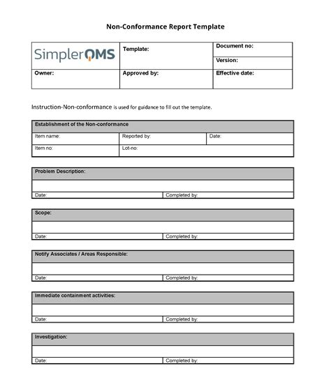 Non Conformity Report Template