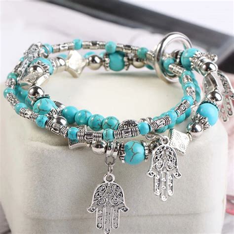 Hamsa Bracelets for Women Turquesa and Silver Color Charm Layered Bohemian Boho Stones Beads ...