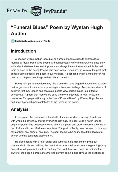 "Funeral Blues" Poem by Wystan Hugh Auden - 1163 Words | Essay Example