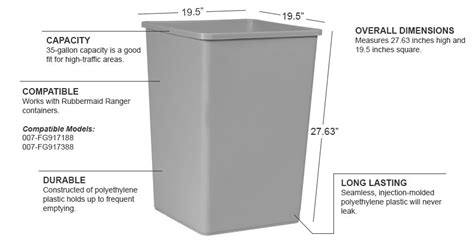 Rubbermaid FG395800GRAY 35 gallon Commercial Trash Can - Plastic, Square