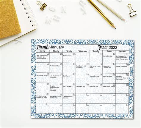 Editable & Printable Blank Calendar Pages in Blue Damask Design ...