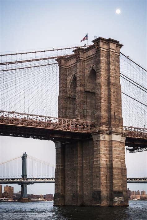 Vertical Landscape of Manhattan Bridge and Brooklyn Bridge on the East ...