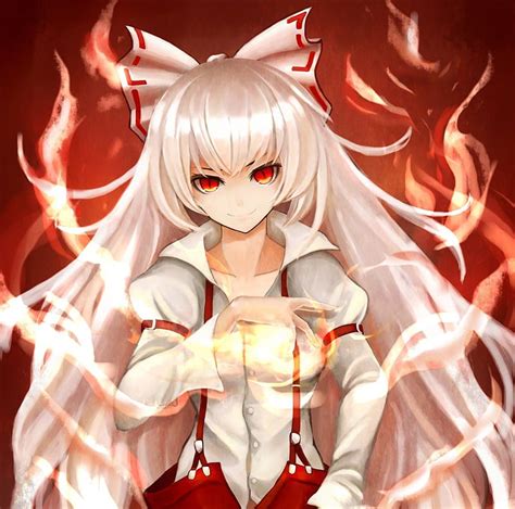 Fujiwara no Mokou, white hair, evil, creepy, flame, emotional, anime, touhou, HD wallpaper | Peakpx