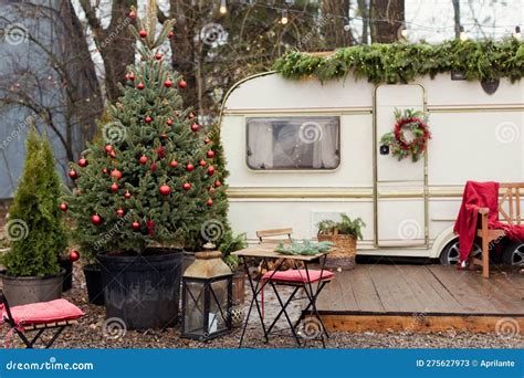 Vintage Old Trailer with Christmas Decorations Stock Image - Image of ...