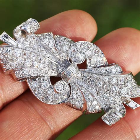 Vintage Art Deco Old Mine Cut Diamond Brooch Pin in Platinum - Once ...