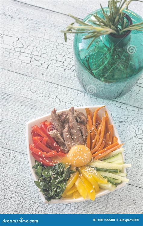 Bowl of bibimbap stock photo. Image of gochujang, pepper - 100155580