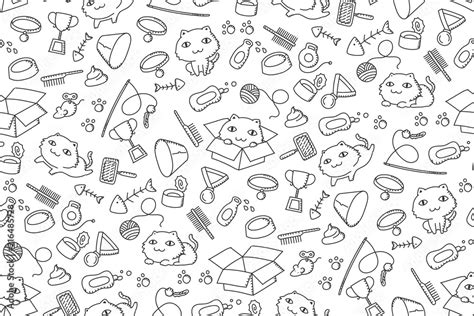 Seamless pattern background Cat and equipment kids hand drawing set illustration black color ...