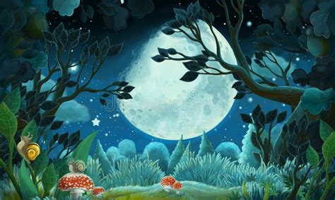 Cartoon Scene with Forest by Night - Illustration for Kids Stock ...