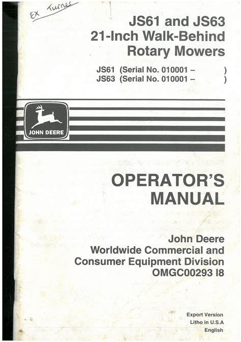 John Deere Walk Behind Rotary Mower JS61 & JS63 21 Inch Operators Manual