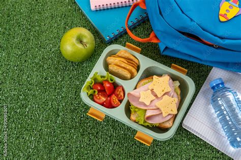 Healthy school lunch box with sandwich and salad at school yard. School ...