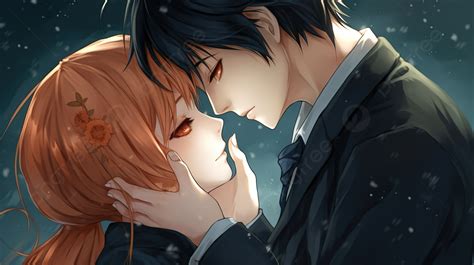 An Anime Couple Kissing Against A Snowy Background, Lovers Anime ...