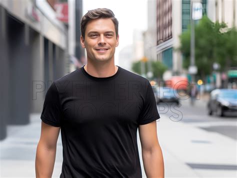 Black T-Shirt Mockup with Male Model Graphic by Pixel Perfect MockupUS ...