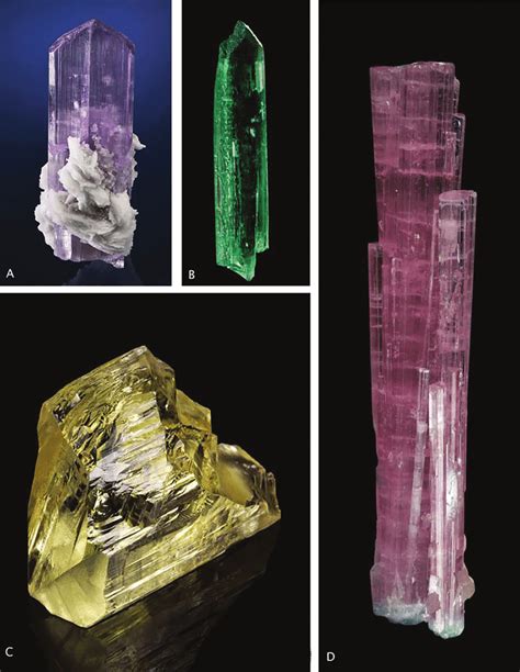 Colour varieties of gem quality spodumene and elbaite. a. Variety ...