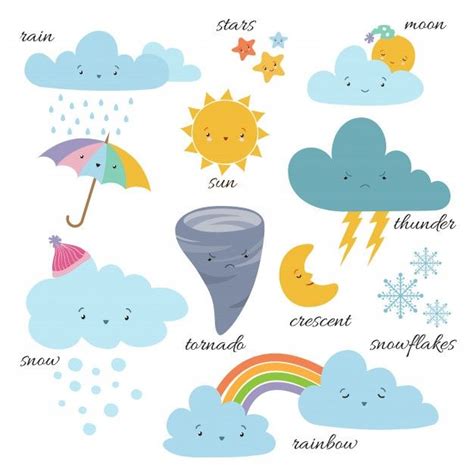 Premium Vector | Cute cartoon weather icons. forecast meteorology vocabulary symbols | Weather ...