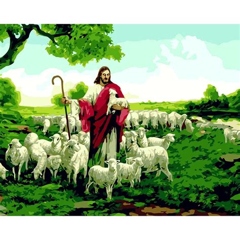 Handpainted Oil Painting Jesus Shepherd Digital Painting by numbers oil paintings chinese scroll ...