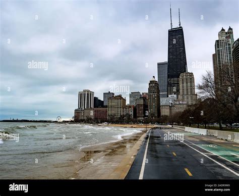 Chicago's lakefront bicycle path and seawall during high waves and ...