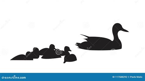 Duck with Ducklings Swimming Silhouette Stock Vector - Illustration of ...