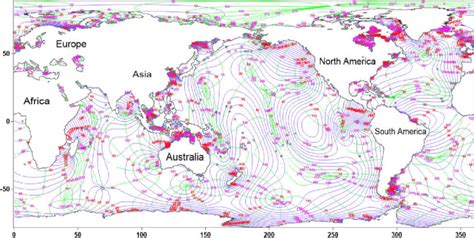 The co-tidal map of the M2 constituent in the global ocean, where the ...