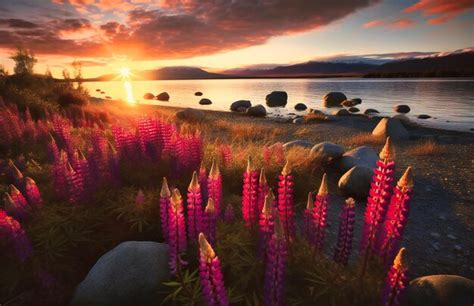 Premium Photo | Lupin on the shores at sunrise around lake tekapo