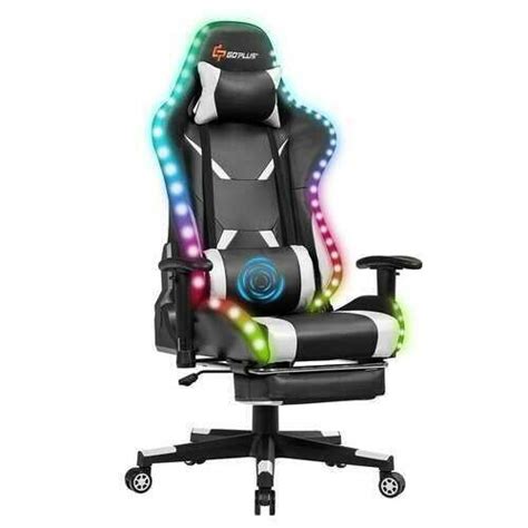 Massage Racing Gaming Chair Chair with RGB LED Lights-White