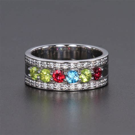 6 Birthstones Mothers Ring Flanked with Fine Diamond