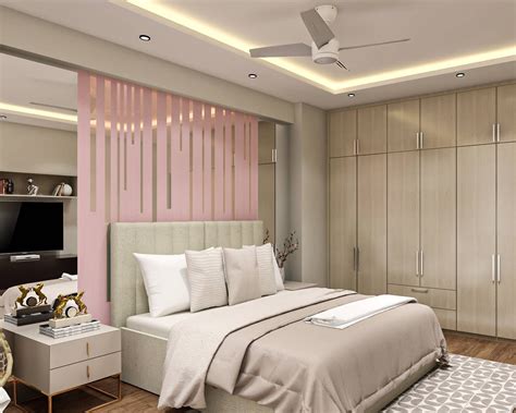 Compact Guest Bedroom Design With Floating Pink Backdrop And Mirror ...