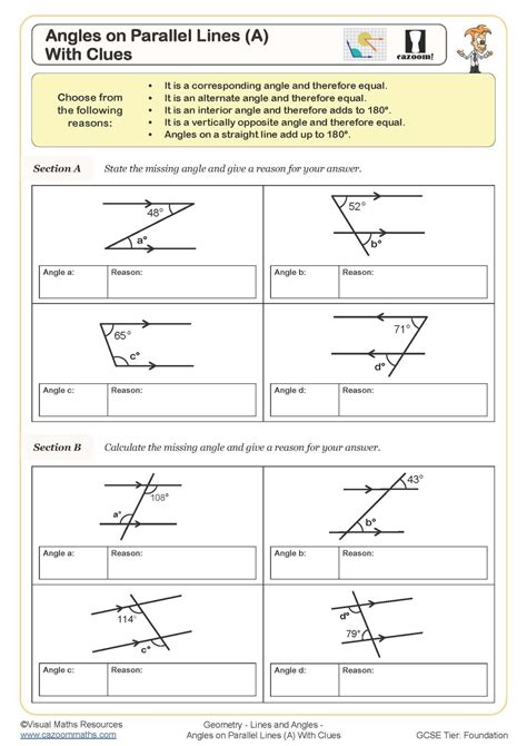 Angles on Parallel Lines (A) (With Clues) Worksheet | Cazoom Maths Worksheets