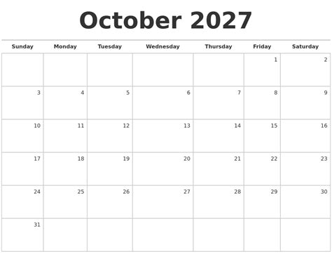 October 2027 Blank Monthly Calendar