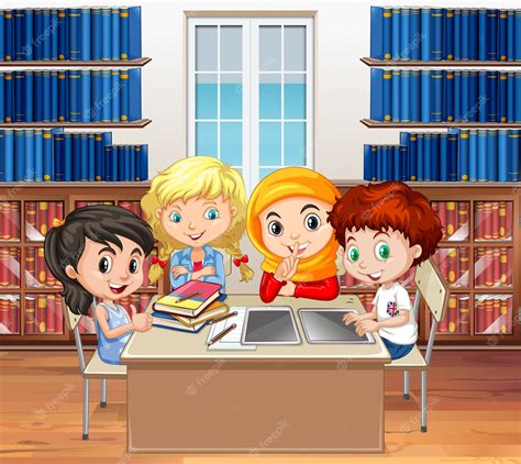 Premium Vector | Students reading books in the library