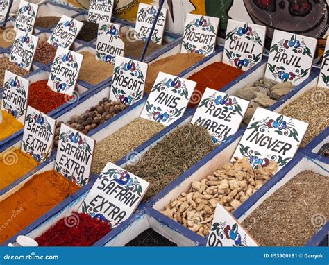 A Large Array of Oriental Spices Sold in an Arabian Market Lined Up with Labels Stock Image ...