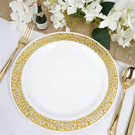 Efavormart 50 Pcs - White with Gold Trimmed 10.25" Round Disposable Plastic Plate for Wedding ...