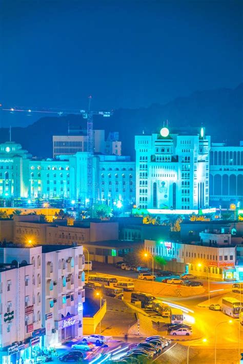 RUWI, OMAN, NOVEMBER 1, 2016: Night Aerial View of the Ruwi District in ...