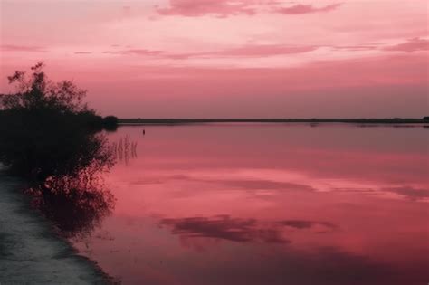 Premium AI Image | Aerial view of a lake with pink sky and clouds