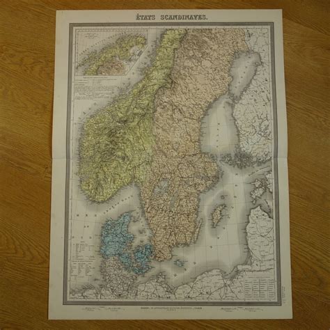 LARGE Old Map Norway Sweden 1883 Old Dated Poster of Scandinavia French Original Vintage Big ...